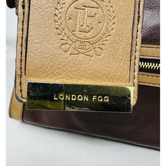 London Fog Two tone Faux Leather Satchel Brown Beige‎ Shoulder Bag - Picture 4 of 16